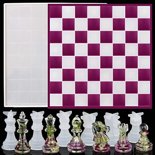 DJDL Molde de Resina de ajedrez Molde, 1 Pieza Grande para Tablero de ajedrez epoxi con 6 Piezas de ajedrez 3D moldes de Silicona para Manualidades, Juegos de Mesa Familiares