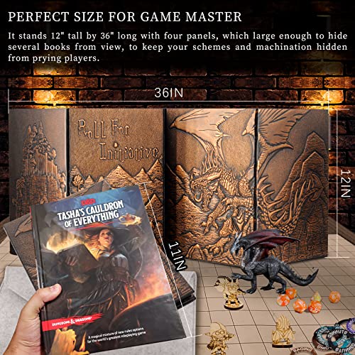 DND Dungeon Master Screen - Pantalla de piel sintética con estampado de dragón y mima, cuatro paneles con bolsillos, pantalla DM para mazmorras y dragón, Pathfinder, D&D