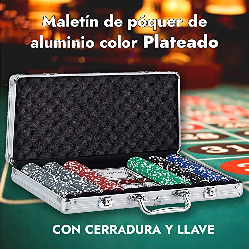 Doctor TNT Maletin de poquer, 300 fichas de poquer sin Valor, 2 Barajas de Cartas, 5 Dados, Juego de chapas, Aluminio, Plateado