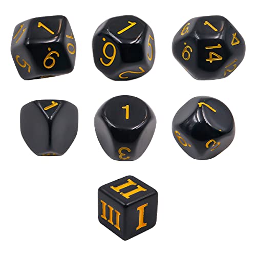 DollaTek Juego completo de dados poliédricos de 15 piezas D3-D100, juego de dados para juegos de rol, juegos de mesa, negro y amarillo