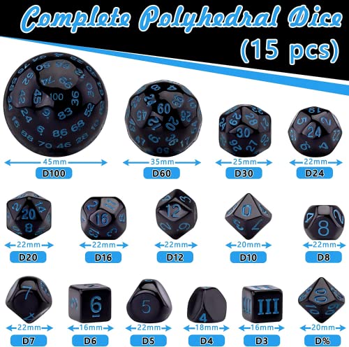 DollaTek Juego completo de dados poliédricos de 15 piezas D3-D100, juego de dados para juegos de rol, juegos de mesa, negro y azul
