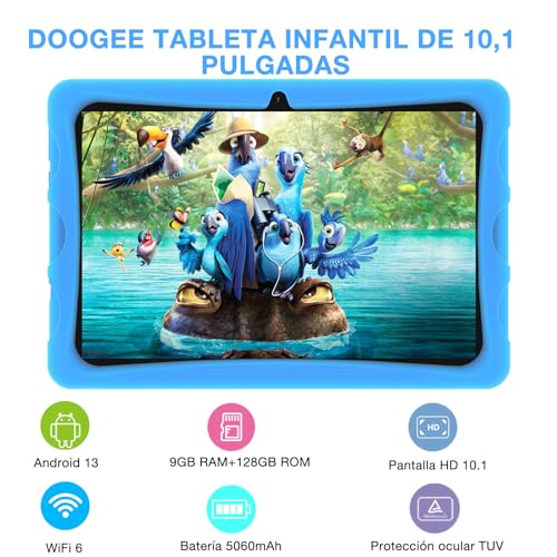 DOOGEE U10Kid Tablet Niños 10.1 Pulgadas Android 13, 9GB +128GB (TF 1TB), Certificado TÜV&DRM L1, WiFi 6, Bluetooth, Kids Juego Educativos, Cámara Dual, Control Parental, Kid-Proof Funda Tablet -Azul