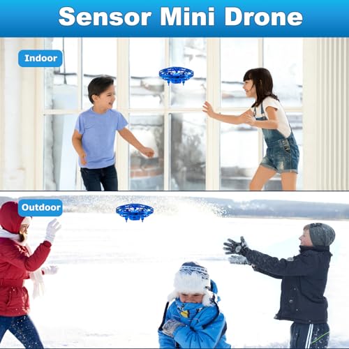 Drone UFO para niños, Mini Drone volador con luces LED, Helicóptero controlado a mano, Cuadricóptero RC, Juguete volador de inducción infrarroja para exteriores, Regalos para niños y niñas(Azul)