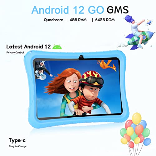 DUODUOGO Tablet 10.1 Pulgadas Android 12,Tablet para Niños WiFi, 4GB+64GB ROM(TF 256G) Doble Cámara, HD IPS Display, 6000mAh Control Parental Tablet con Funda de Silicona, Bluetooth, Azul