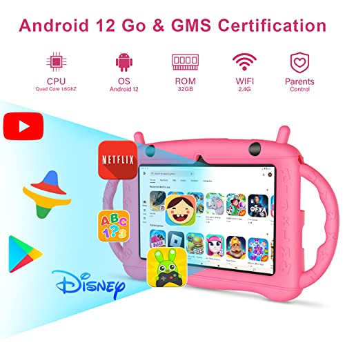 EagleSoar Tablet Niños 7 Pulgadas Android 12 Tablet para Niños con Control Parental Kids App Pre-Instalado 32GB GMS Certificado WiFi Doble Cámara Protección Ocular Tablet Infantil con Funda (Rosa)