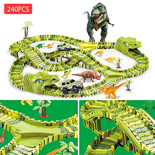 EARSOON Juego de juguetes de dinosaurio para coche – 240 pistas de tren flexibles con 8 dinosaurios, autos de carreras, puente, árbol, regalo de fiesta de cumpleaños para niños de 3, 4, 5, 6 años