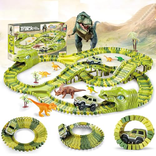EARSOON Juego de juguetes de dinosaurio para coche – 240 pistas de tren flexibles con 8 dinosaurios, autos de carreras, puente, árbol, regalo de fiesta de cumpleaños para niños de 3, 4, 5, 6 años