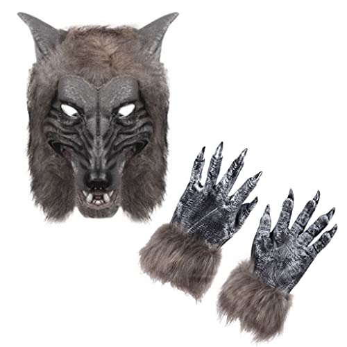 eBoutik - Máscara de hombre lobo de Halloween y garras de lobo y guantes de patas - Disfraz espeluznante embrujado para adultos - Máscara de látex peludo y lobo