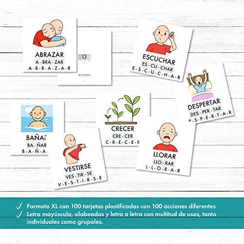Editorial GEU Flashcards para Aprender a Leer y Escribir. 100 Tarjetas de Estimulación Visual con Pictogramas | para Aprender Las silabas. Vocabulario de acciones