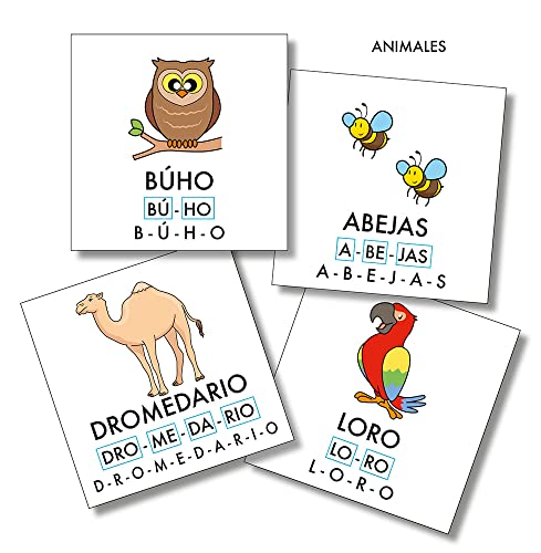 Editorial GEU Flashcards para Aprender a Leer y Escribir:100 Tarjetas de Estimulación Visual con Pictogramas | para Aprender Las Silabas con Vocabulario de Animales