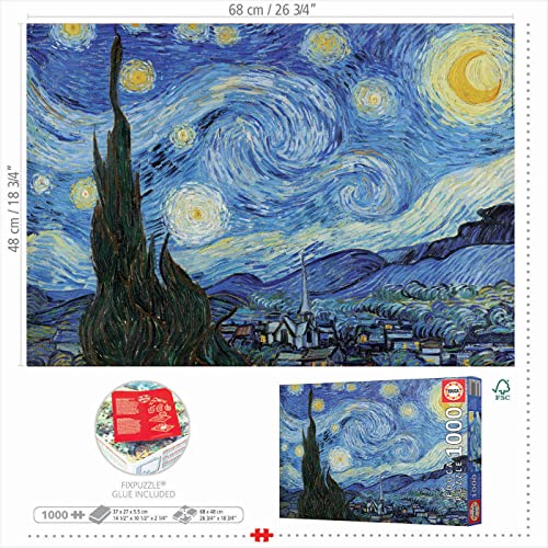 Educa - Puzzle de 1000 Piezas para Adultos | La Noche Estrellada, Vincent Van Gogh. Incluye Pegamento Fix Puzzle. A Partir de 14 años (19263)