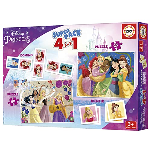 Educa - Superpack Disney Princess | Juegos de Mesa y Puzzles Infantiles: Dominó, Identic con 28 Cartas y 2 Puzzles de 25 y 50 Piezas. Juego Infantil para 3, 4 y 5 años (19683)