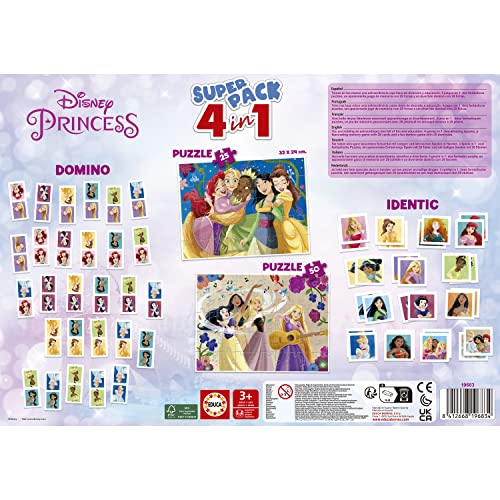 Educa - Superpack Disney Princess | Juegos de Mesa y Puzzles Infantiles: Dominó, Identic con 28 Cartas y 2 Puzzles de 25 y 50 Piezas. Juego Infantil para 3, 4 y 5 años (19683)