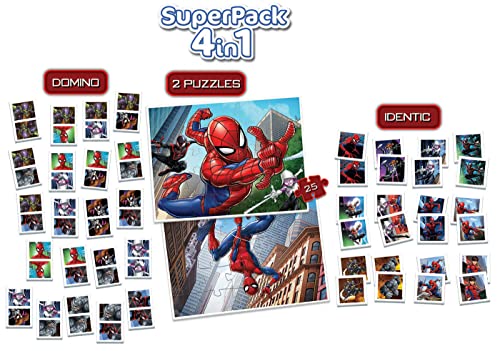 Educa - Superpack Spiderman Múltiples Posibilidades de Juego para Jugar Solo o acompañado Incluye Domino Identic y 2 Puzzles Juego de Mesa para niños a Partir de 3 años (19353)