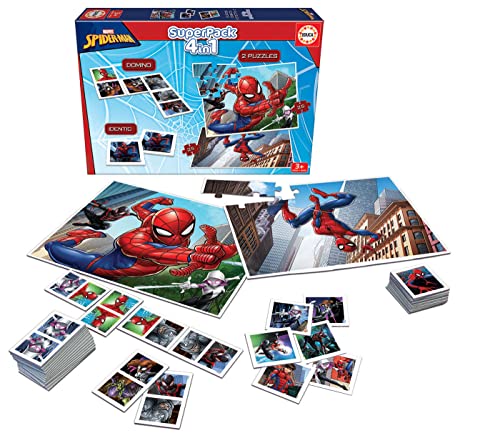Educa - Superpack Spiderman Múltiples Posibilidades de Juego para Jugar Solo o acompañado Incluye Domino Identic y 2 Puzzles Juego de Mesa para niños a Partir de 3 años (19353)