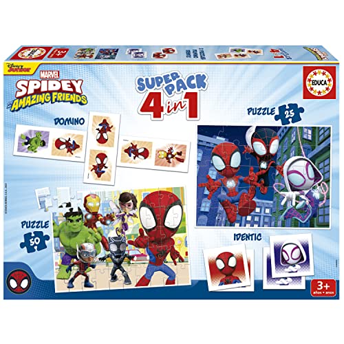 Educa - Superpack Spidey & Friends | Juegos de Mesa y Puzzles Infantiles: Dominó, Identic con 28 Cartas y 2 Puzzles de 25 y 50 Piezas. Juego Infantil para 3, 4 y 5 años (19682)