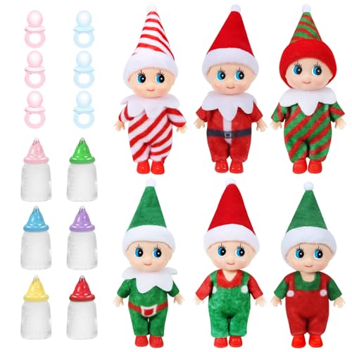 EKKONG Elfo Navidad Muñeco Elfos de Navidad Travieso 6 Muñecos Navidad Decoracion, 6 Biberones, 6 Chupetes para Niño Niña Juguete de Decoraciones Navideñas (A)