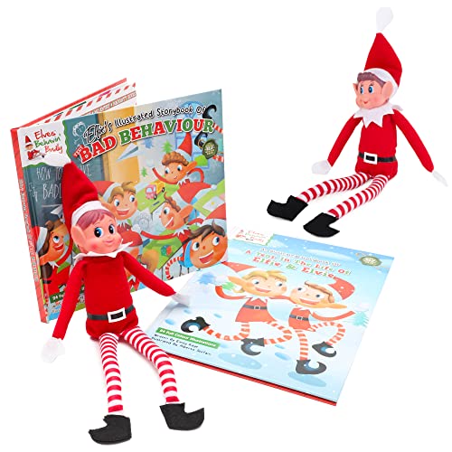 Elves Behavin' Badly Christmas Bundle – 2 x 12 Pulgadas de Pierna Larga Elf Soft Toy Elfs – Elfie & Evie & 2 x Hard Back Elf Books – Juguetes novedosos