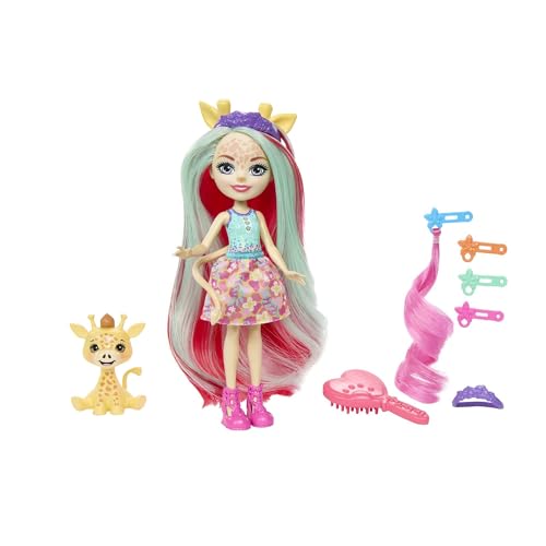 Enchantimals Glam Party , Gillian Giraffe y Pawl, muñeca Jirafa con pelo exclusivo y mascota, falda intercambiable y accesorios, regalos para niños y niñas, HNV29