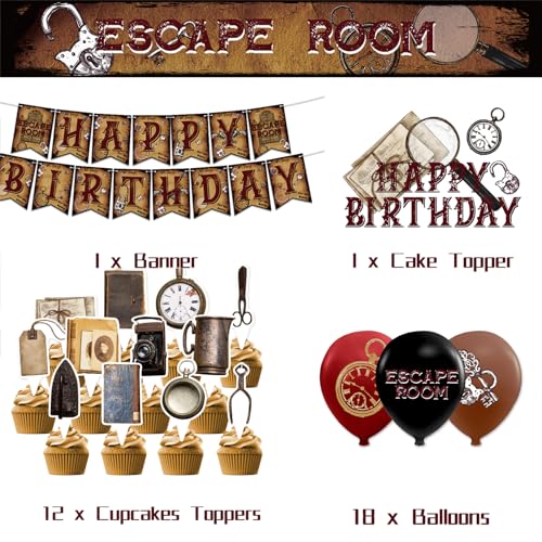 Escape Room Party Decoraciones Incluye Escape Room Feliz Cumpleaños Banner Pastel Topper Cupcake Toppers Globos para Escape Room Cumpleaños Fiesta Suministros