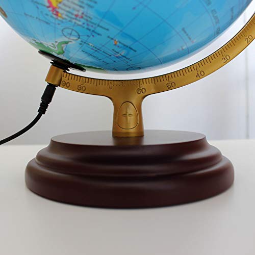 Esfera iluminada Magellan Cimbria con imagen de mapa político e iluminación LED económica, diámetro 25 cm, esfera con base de madera marrón rojiza con cable y fuente de alimentación USB 25 cm