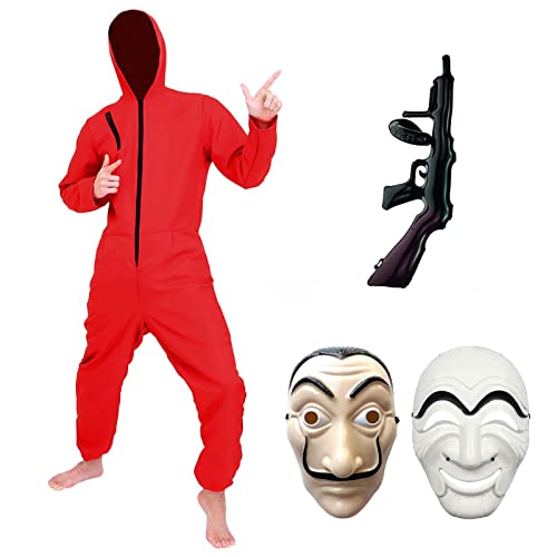 EYBURG Carnaval Disfraz de Ladron Rojo de Banco para Halloween, Traje de Cosplay con Capucha Disfraz Mono Convicto para Adultos Unisex con Ropa, Máscara y Rifle Inflable (M-170-175)