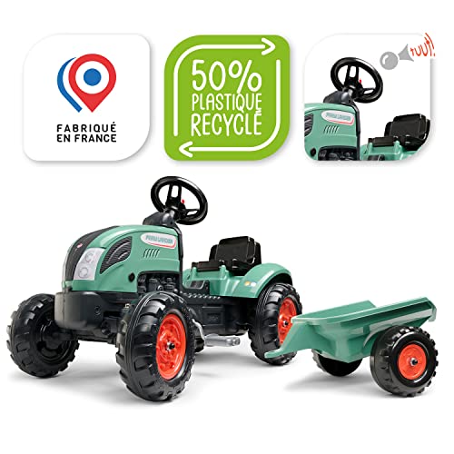 Falk Farm Lander Tractor de Pedales con Remolque-A Partir de 2 años-50% de Plástico Reciclado - Fabricado en Francia-Volante con Bocina 2054L, 2054L, Verde Oscuro-2054L