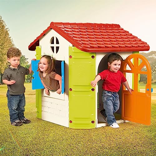 FEBER - Feber-House, casa de jardín para niños y niñas, de Colores Azul Rojo Naranja y Verde,Resistente y Segura,casita Infantil para Juegos de Exterior,de 2 a 6 años, Famosa(800013950)Versión actual