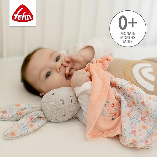 Fehn Paño de apego para bebé con diseño de conejo, peluche para recién nacidos, peluche con chupete, marioneta de mano como ayuda para dormir, peluche animal para bebés y niños pequeños
