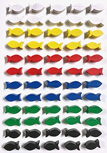 Fichas de madera para juegos de mesa, pescado, 22 x 10 x 8 mm, 6 colores, 60 peces (6 x 10 peces)