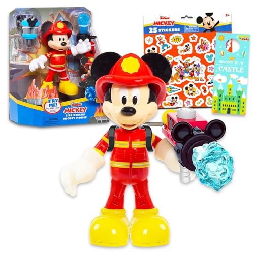 Figura de bombero de Mickey Mouse - Paquete con figura de rescate de incendios de Mickey Mouse de 6 pulgadas más calcomanías de Mickey, más | Juego de figuras de Mickey Mouse