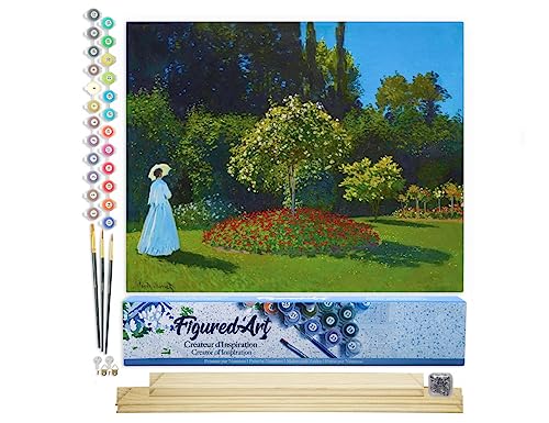 Figured'Art Pintar por Numeros Adultos Dama en blanco en el jardín - Monet - Manualidades pintura acrilica Kit Cuadro DIY completo - 40x50cm monta tu propio bastidor