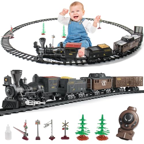 fisca Juego de tren RC, juguete retro con locomotora de vapor, 3 trenes de carga, ruido y luz y spray de agua, control remoto de 2,4 GHz, juego de tren para niños y niñas