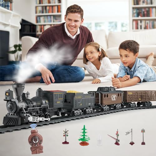 fisca Juego de tren RC, juguete retro con locomotora de vapor, 3 trenes de carga, ruido y luz y spray de agua, control remoto de 2,4 GHz, juego de tren para niños y niñas