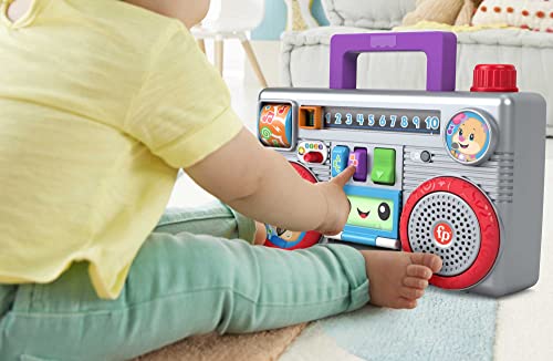Fisher-Price Ríe y Aprende Radio divertida de juguete con luces y sonidos, regalo para bebés +6 meses, versión español + portugués + italiano + inglés (HHX10)