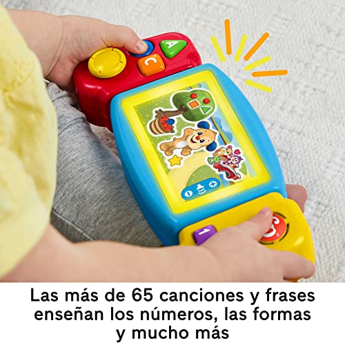 Fisher-Price Ríe y Aprende Videoconsola gira y aprende, juguete interactivo de aprendizaje con luces y sonidos, bebés +9 meses, versión español + portugués + italiano + inglés (HNL52)