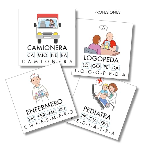 Flashcards para Aprender a Leer y Escribir. 100 Tarjetas de Estimulación Visual con Pictogramas | para Trabajar Conciencia Silábica con Vocabulario de Diferentes Categorías (Profesiones)