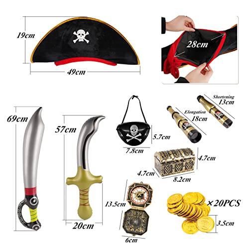 FLOFIA Sombrero Pirata Disfraz Pirata Niño, Accesorios Pirata Niño Kit Parche de Ojo Pirata Telescopio Pirata Juguete Brújula Pirata Espadas Piratas Inflables Moneda 8 Kit