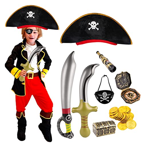 FLOFIA Sombrero Pirata Disfraz Pirata Niño, Accesorios Pirata Niño Kit Parche de Ojo Pirata Telescopio Pirata Juguete Brújula Pirata Espadas Piratas Inflables Moneda 8 Kit