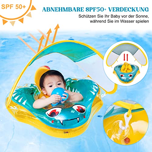 Flotador Bebe con Toldo Desmontable, Chaleco Flotadores Bebe Proteccion Solar Verde Anillo de Natación Inflable para Bebé de 6 a 26 Meses