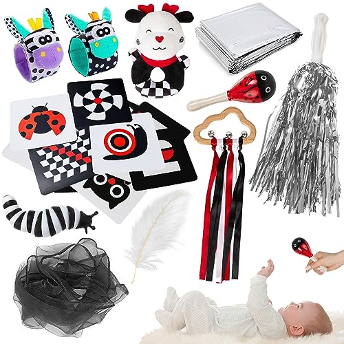 FNYUN Kit de juguetes sensoriales de 12 piezas, juguetes para recién nacidos, tarjetas sensoriales en blanco y negro, juego de juguetes sensoriales para bebés de 3, 6, 9, 12 meses