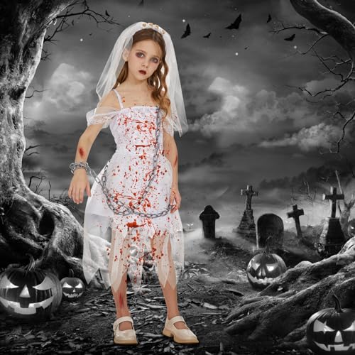 FORMIZON Halloween Disfraz de Novia Fantasma, Disfraz de Momia Zombie con Cadena, Vestidos de Bruja para Niños, Vestidos para Halloween Carnaval, Disfraces para Cosplay de Vampiro Sangrientos (M)
