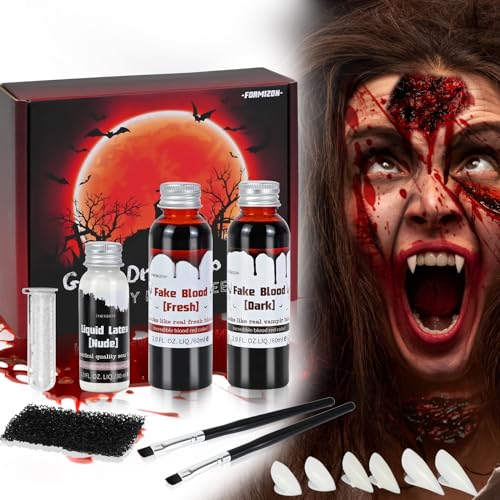 FORMIZON Kit de Sangre Falsa, 60ml Sangre Fresca Artificial, 60ml Sangre Falsa roja Oscura, 30ml Látex, Cicatrices de Heridas de Zombis Vampiro de Halloween, Maquillaje de Halloween para Zombies