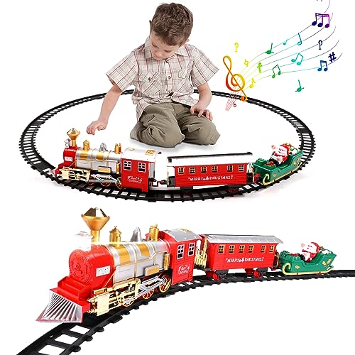 Fulluky Juguete de tracción eléctrico, juego clásico de tren con luz y sonido, kits de construcción de ferrocarril, motor de locomotora, vagones de mercancías y vías, niños a partir de 3 años, niños y