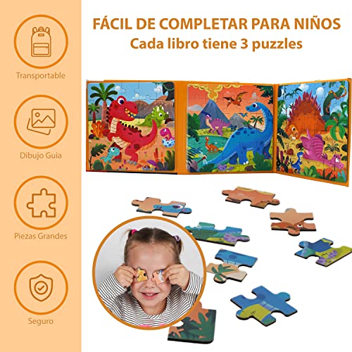 FUNTECH Puzzle Magnetico 3 en 1 para niños, Juguetes Educativos y Juguetes Montessori 3 años 4 5 6 años, Puzzle Infantil 97 Piezas, Magnetic Book, Puzzle 3 años en adelante (Puzzle Dinosaurios)