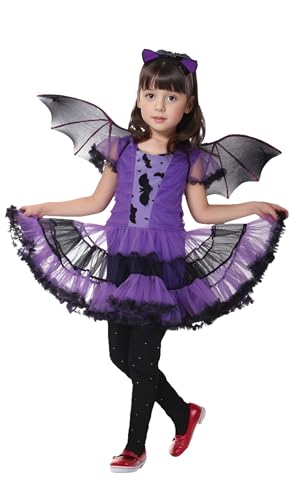 GEMVIE Disfraz de Murciélago Bruja para Niños，Disfraz de Vampirina para Halloween Vestido de Fiesta con Ala de Diadema de Murciélago 2-12 años (2-3 años)