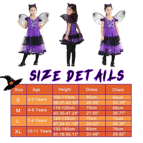 GEMVIE Disfraz de Murciélago Bruja para Niños，Disfraz de Vampirina para Halloween Vestido de Fiesta con Ala de Diadema de Murciélago 2-12 años (2-3 años)