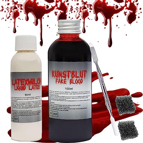 Giugio Sangre artificial, 100 ml, leche de látex de 60 ml, efecto especial, lavable, con esponja de maquillaje y espátula, para Halloween, zombi, vampiro, sarna para heridas y cicatrices
