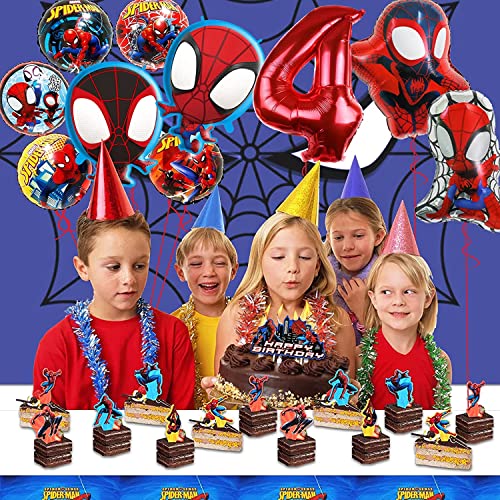 Globos de Cumpleaños Spiderman Decoración Infantil Fiesta 4 piezas Globos de Personajes de Spiderman, 5 piezas Globos Redondos, 1 piezas Número de Globo-2 Años/3 Años/4 Años (4 anni)