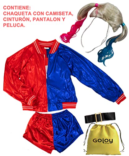 Gojoy shop- Disfraz de Princesa Arlequina para Niñas Carnaval Halloween (Contiene:Chaqueta con Camiseta, Cinturón, Pantalon Corto y Peluca y Mochila de Cuerdas.) (PANTALON CORTO, 7-9 AÑOS)